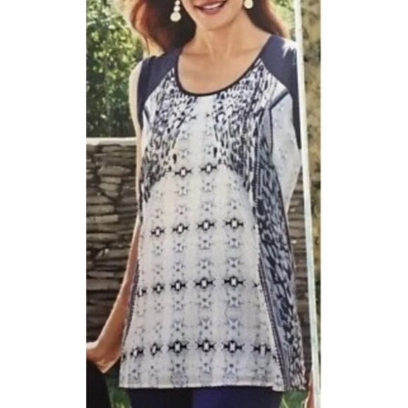 CAbi Mixed Print Tunic Top 253 Chiffon Summer Spring Blue Blouse Small - Picture 2 of 7